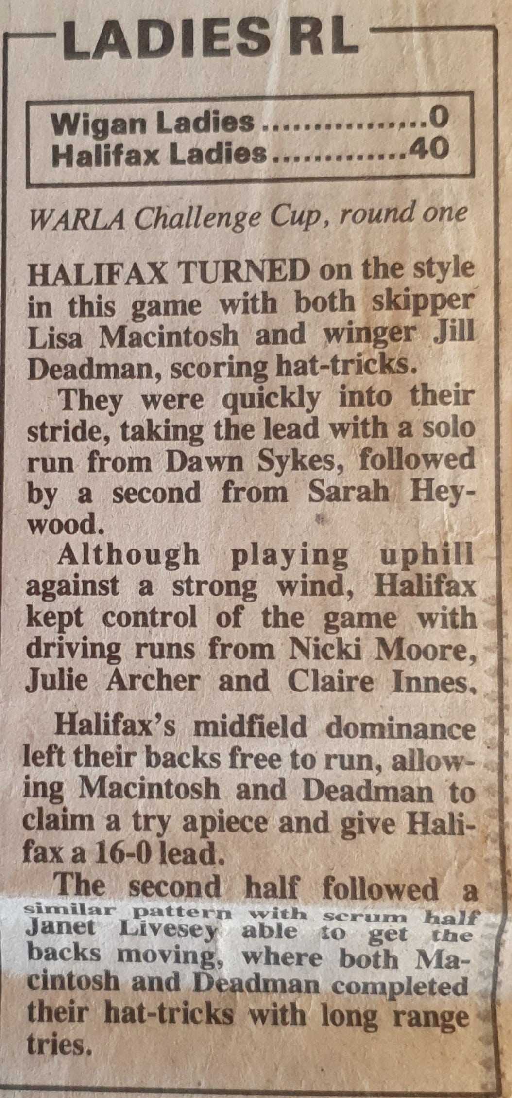 Halifax Ladies v Wigan report courier 1992