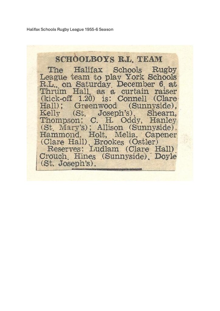 Halifax Schools Rugby League 1956