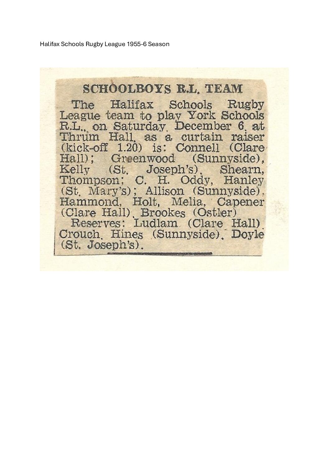 Halifax Schools Rugby League 1956