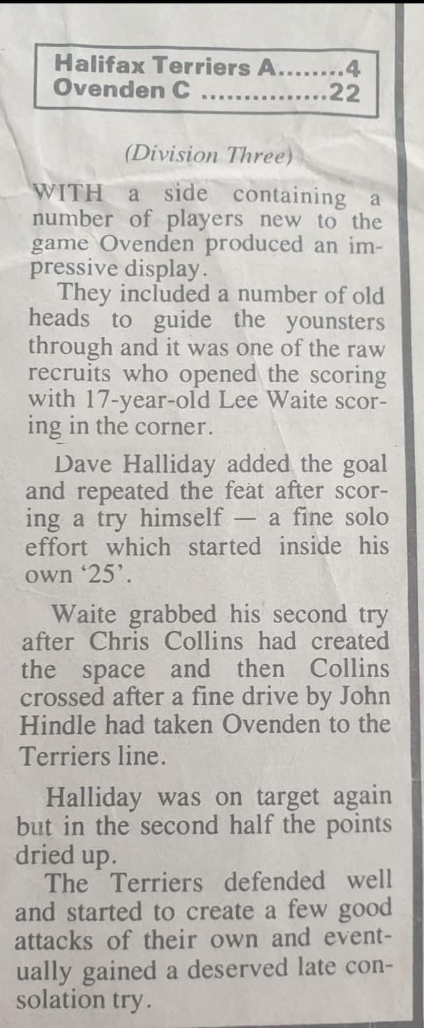 Halifax Terriers A v Ovenden C Courier report