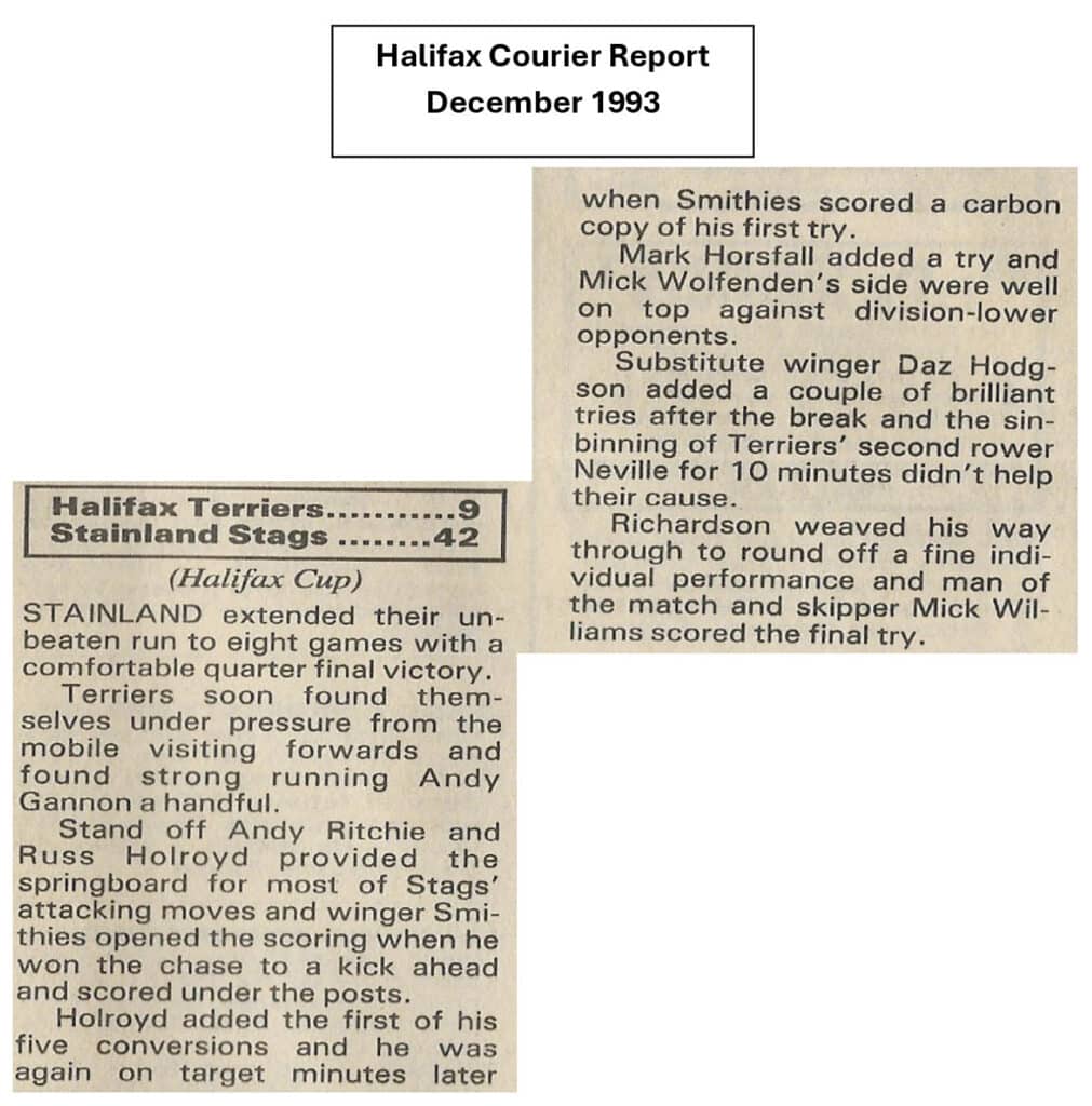 Halifax Terriers v Stainland Stags Courier match report December 1993