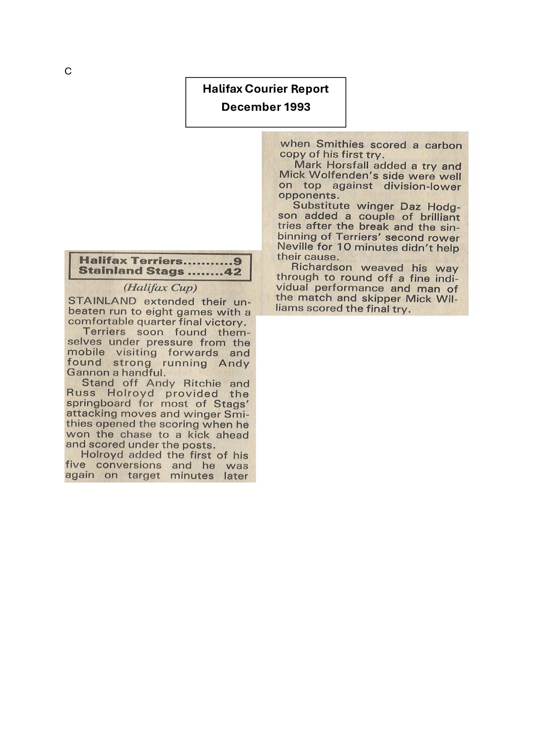 Halifax Terriers v Stainland Stags match report December 1993