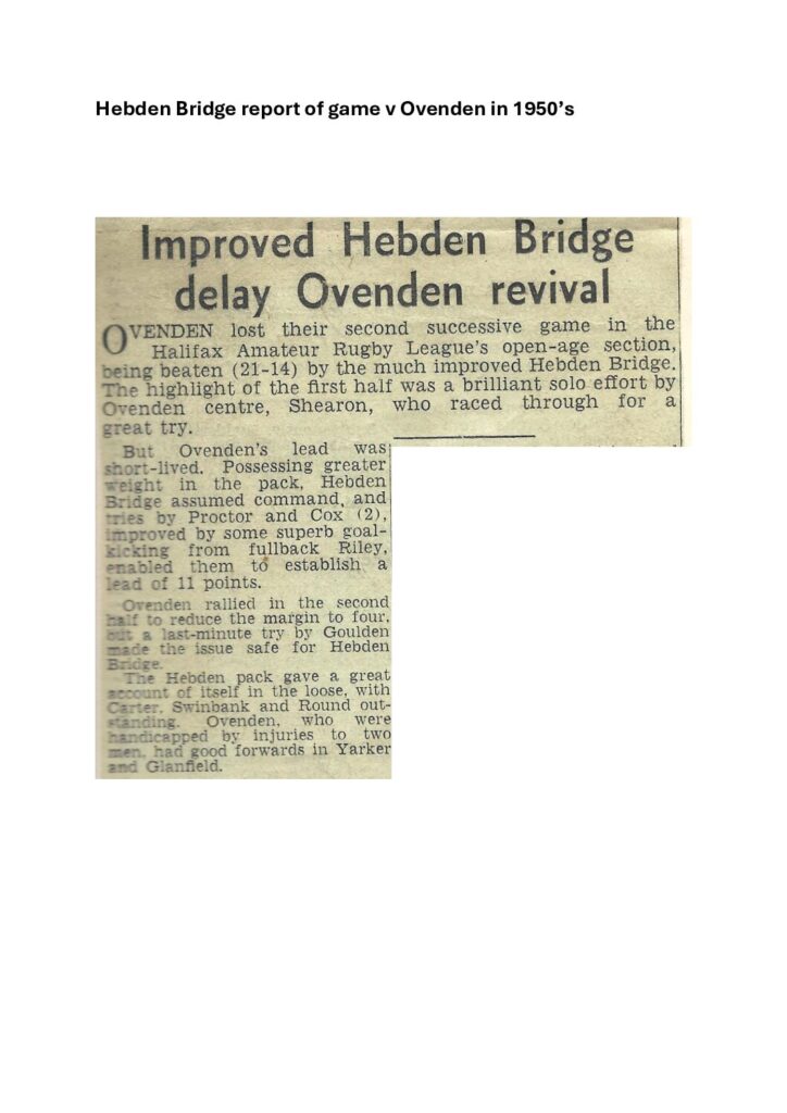 Hebden Bridge report of game v Ovenden in 1950