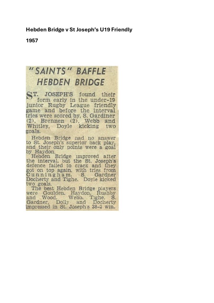 Hebden Bridge v St Joseph report 1957