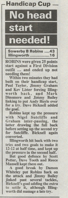 Illingworth v Sowerby Bridge Robins Hanicap Cup Courier report