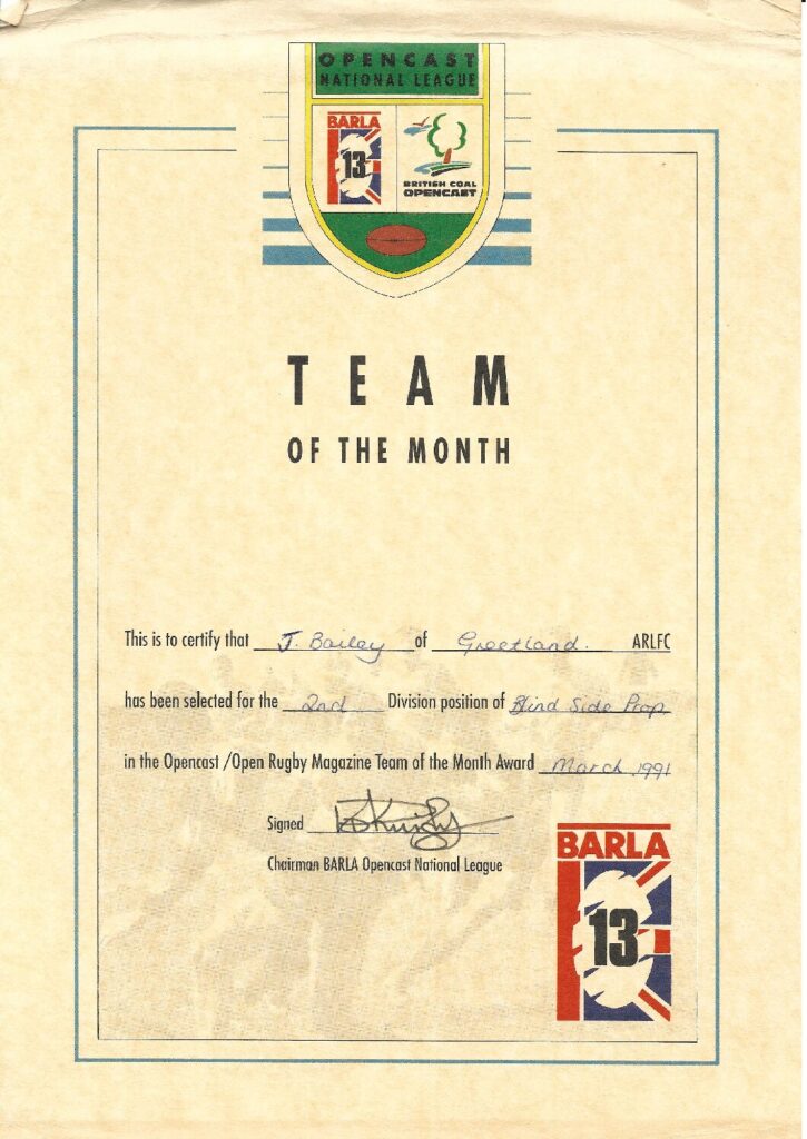Jimmy Bailey Greetland Team of Month certificate Mar 1991
