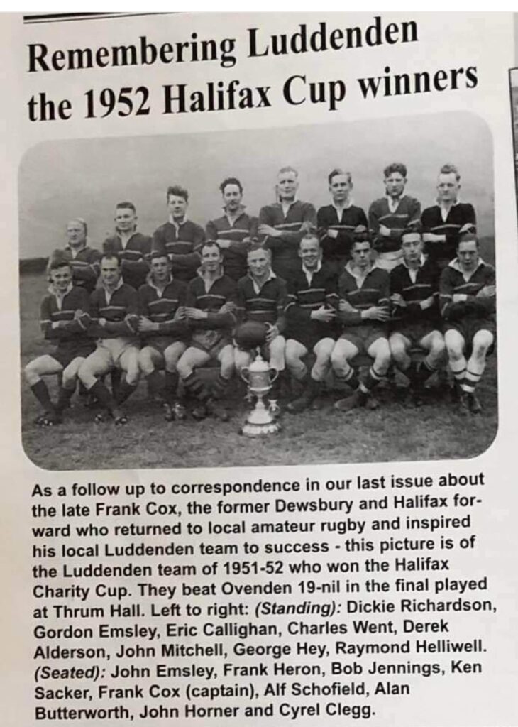 Luddenden team photo with Halifax Cup 1951-52 with names