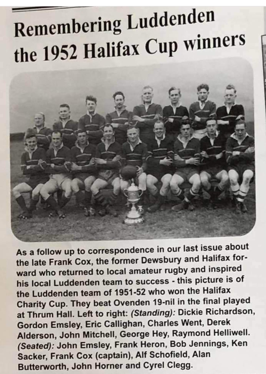 Luddenden team photo with Halifax Cup 1951-52 with names
