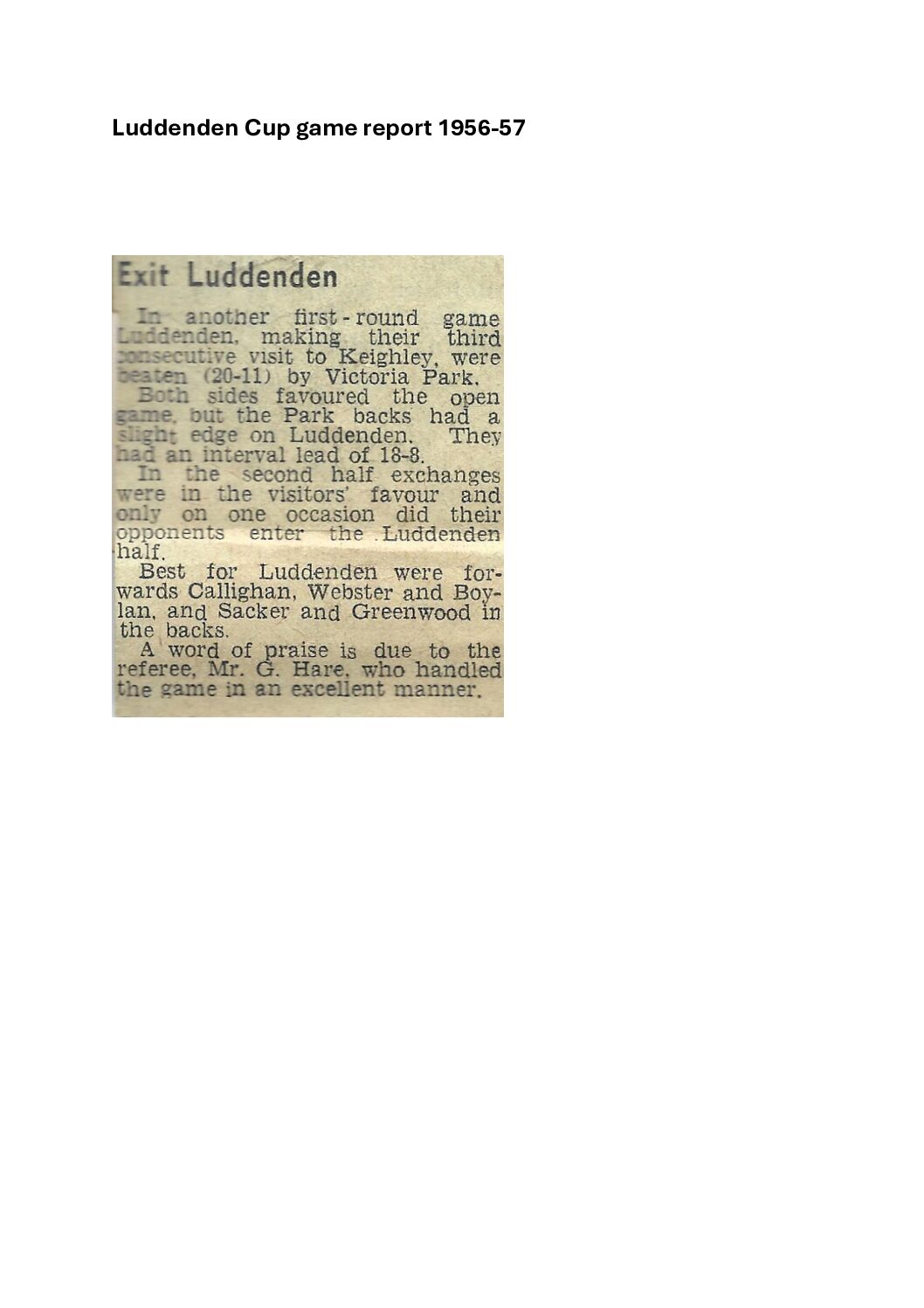 Luddenden v Victoria Park 1956-57 season  report