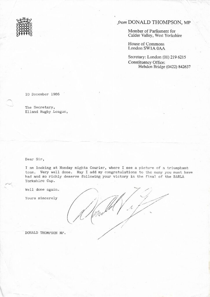 MP congrats letter after Yorks Cup win 1976