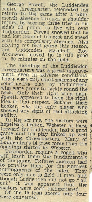 Match report Luddenden v Todmorden 1956-57 season