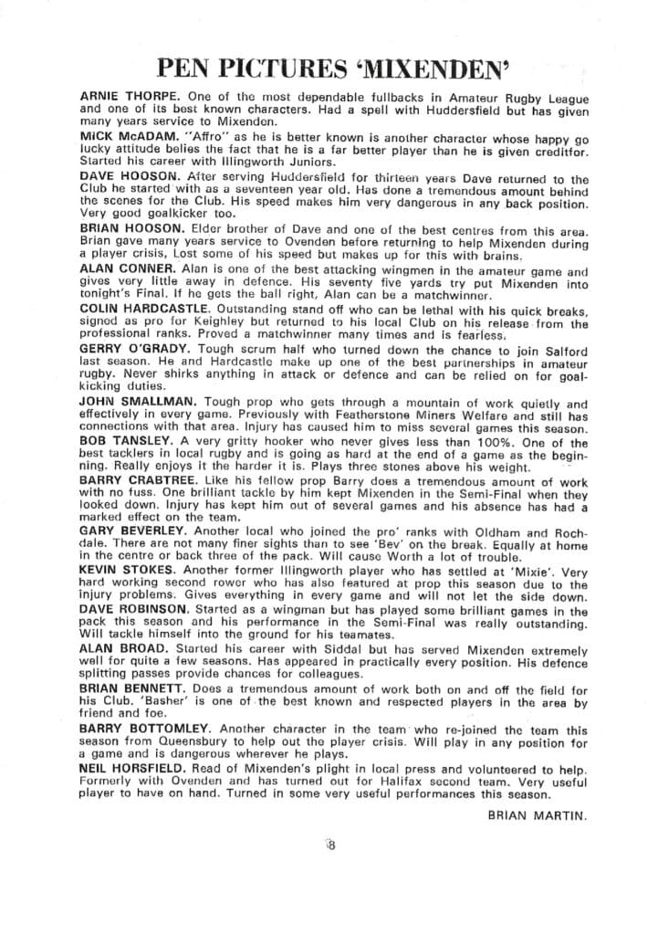 Mixenden team pen pics 1981