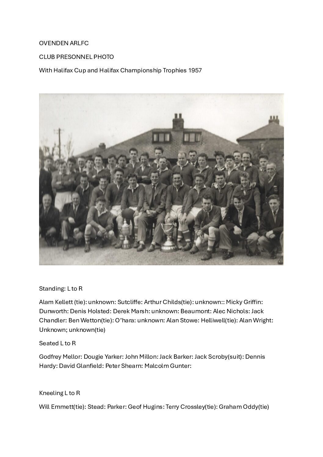 OVENDEN ARLFC 1957 club photo with names