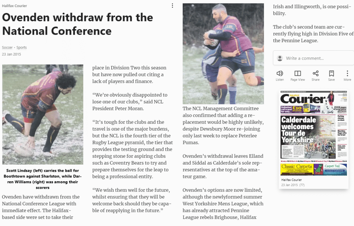 Ovenden Courier website withdrawal report from NCL in 2015