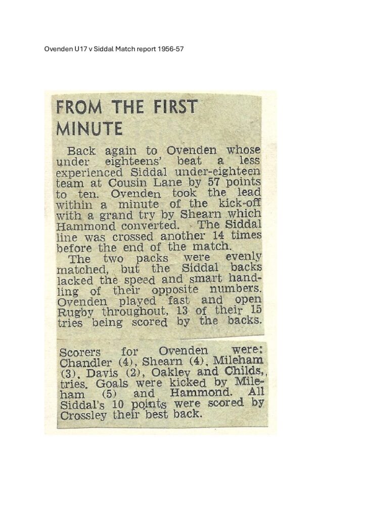 Ovenden U17 v Siddal Match report 1956