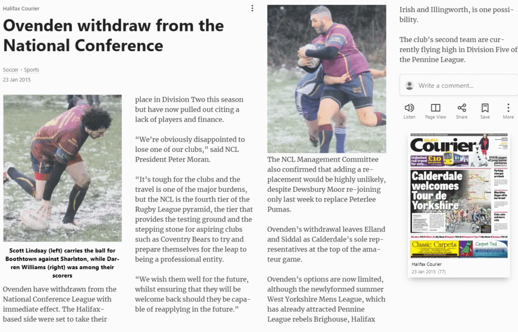 Ovenden leave NCL 2015 Courier report