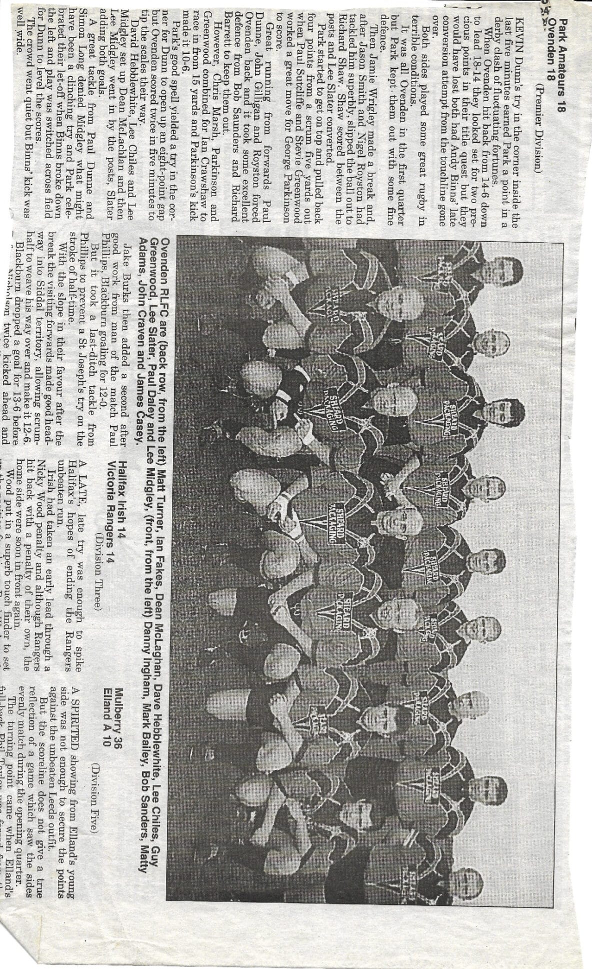 Ovenden v Park Pennine Prem report 1994 with team pic