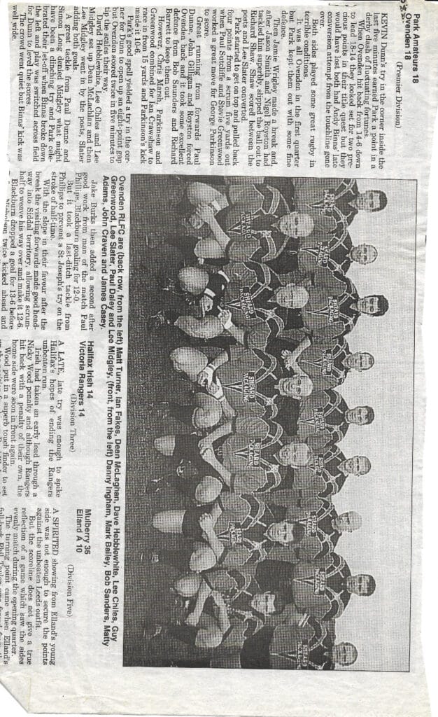 Ovenden v Park Pennine Prem report 1994 with team pic