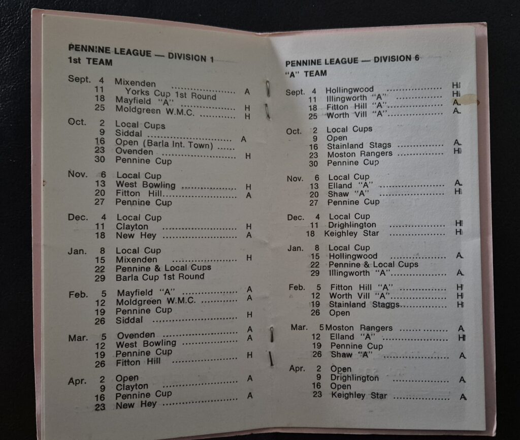 PArk Amateurs Club Handbook fixtures 1983