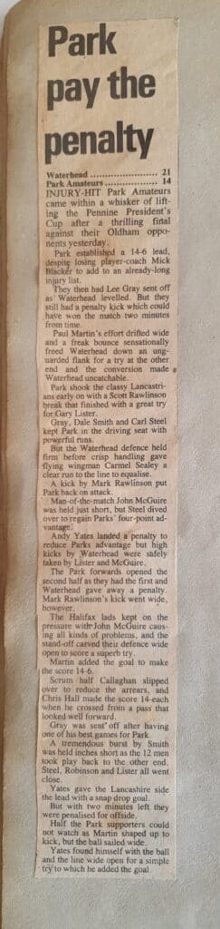 Park  v Waterhead Pennine Presidents Cup Final report courier 1985-6