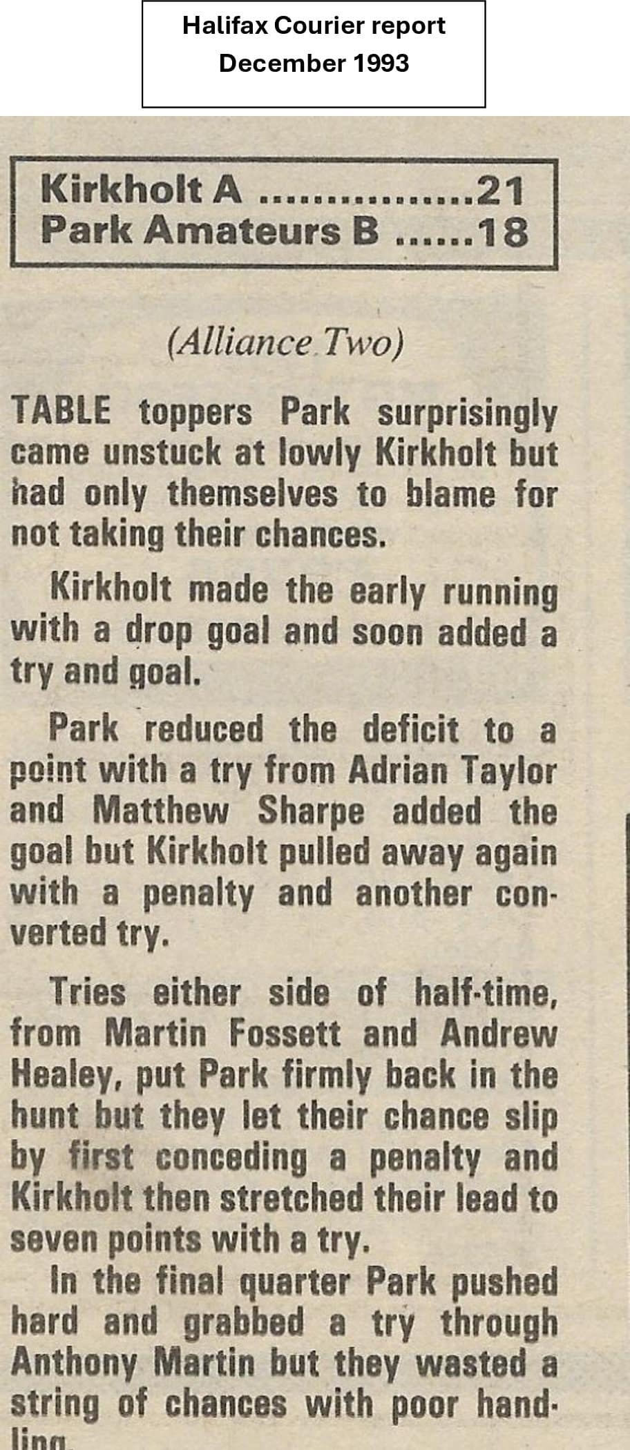 Park Amateurs B v Kirkholt match report December 1993