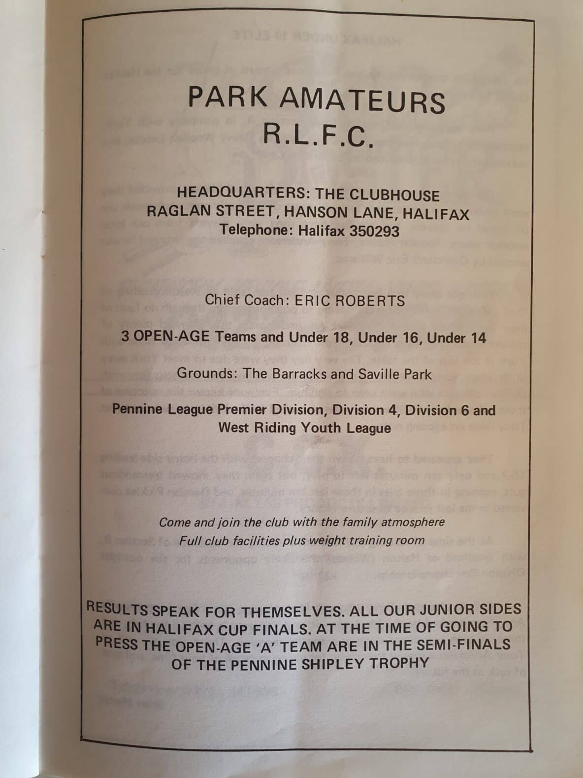 Park Amateurs advert 1990 Halifax Cup final programme