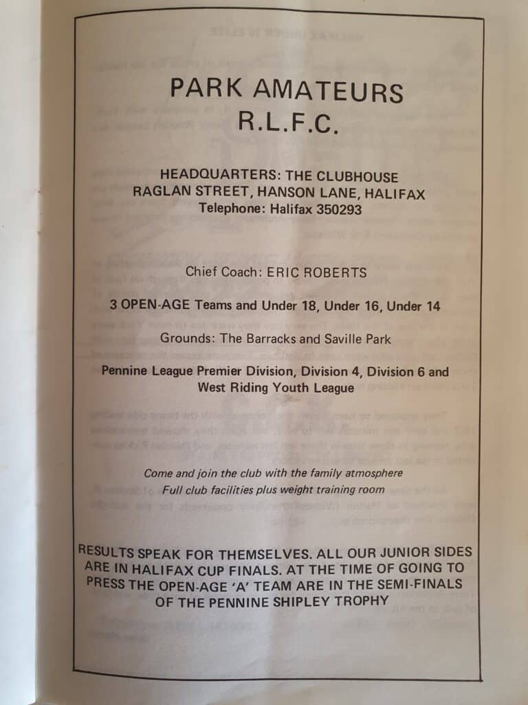 Park Amateurs advert 1990 Halifax Cup final programme