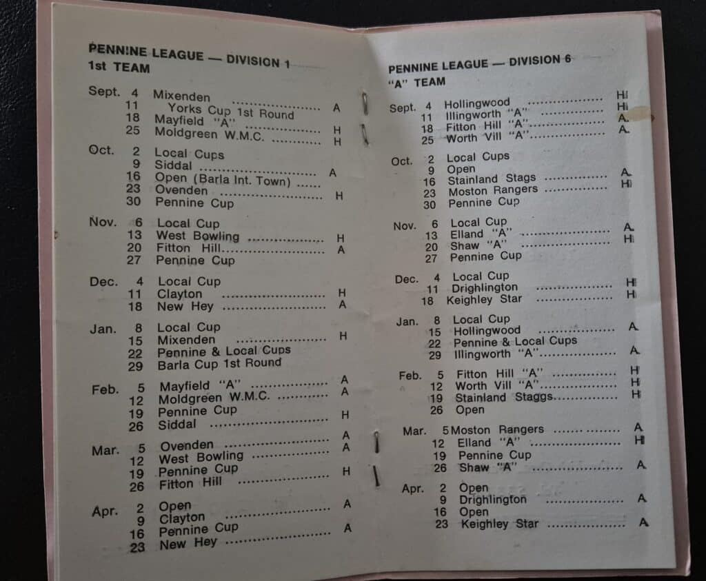 Park Amateurs club handbook fixtures