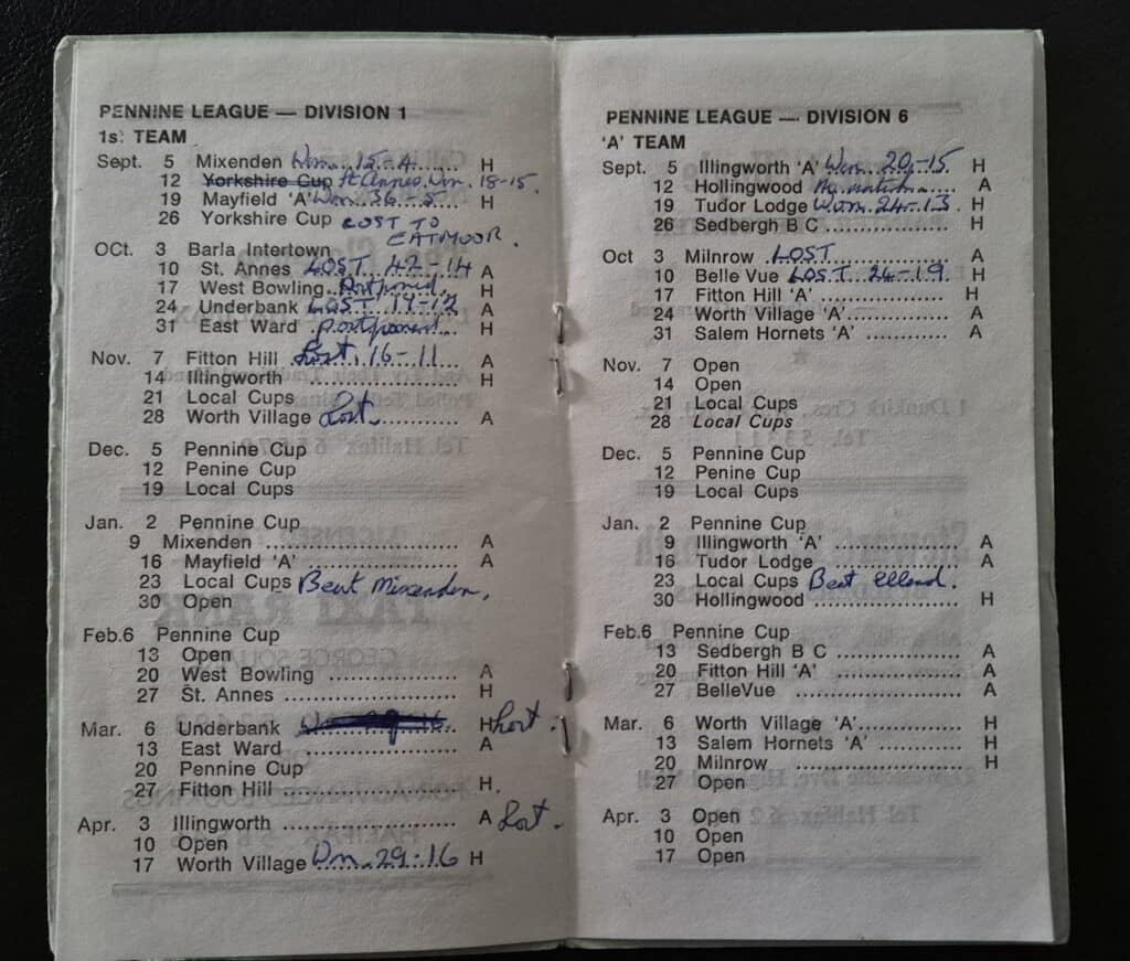 Park Amateurs club handbook fixtures and hand notated results
