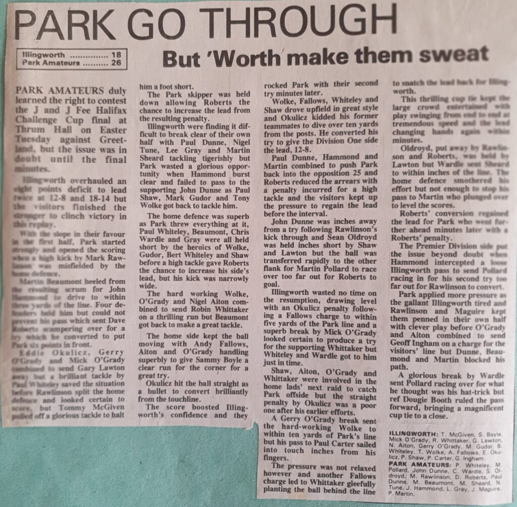Park v Illingworth Halifax Cup semi Final report courier 1990