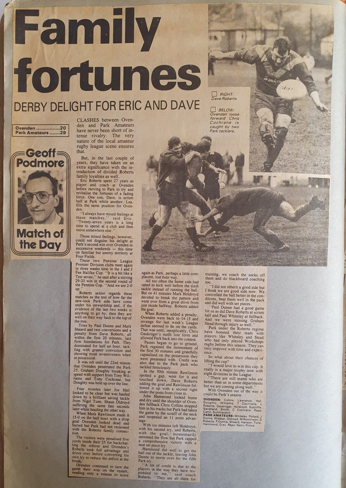 Park v Ovenden match report Courier 1989-90