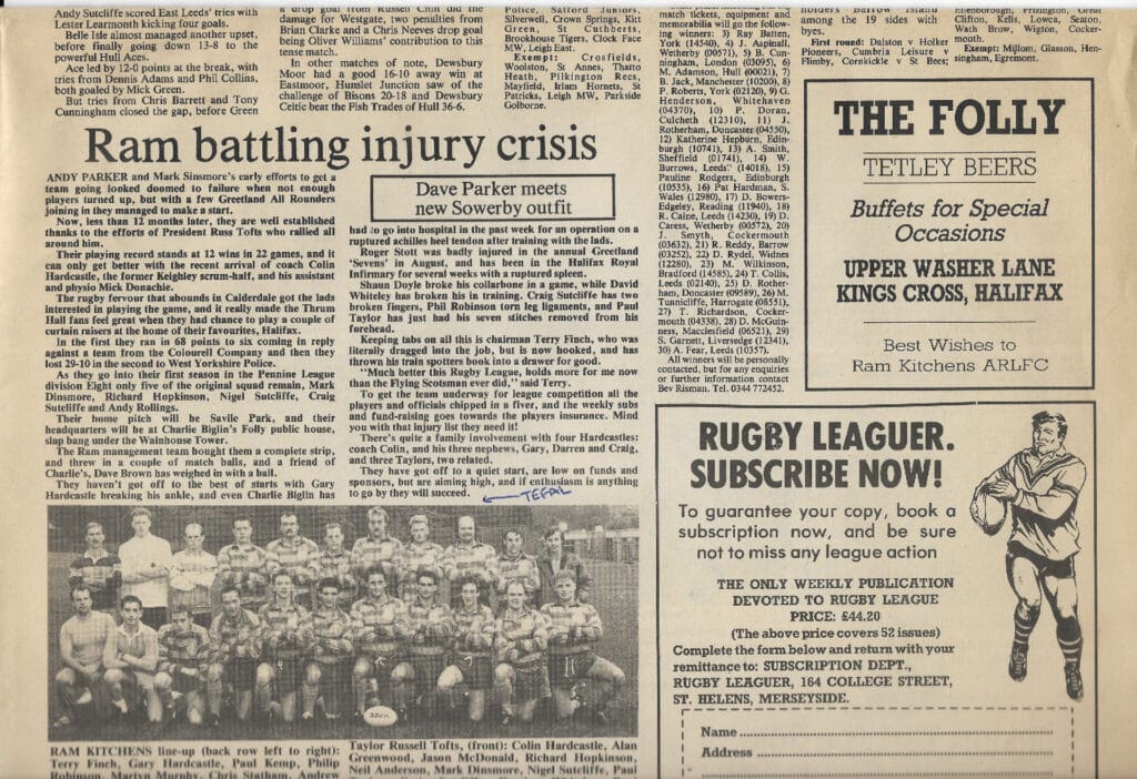 Ram Kitchens sept 1989 Rugby Leaguer report  pic