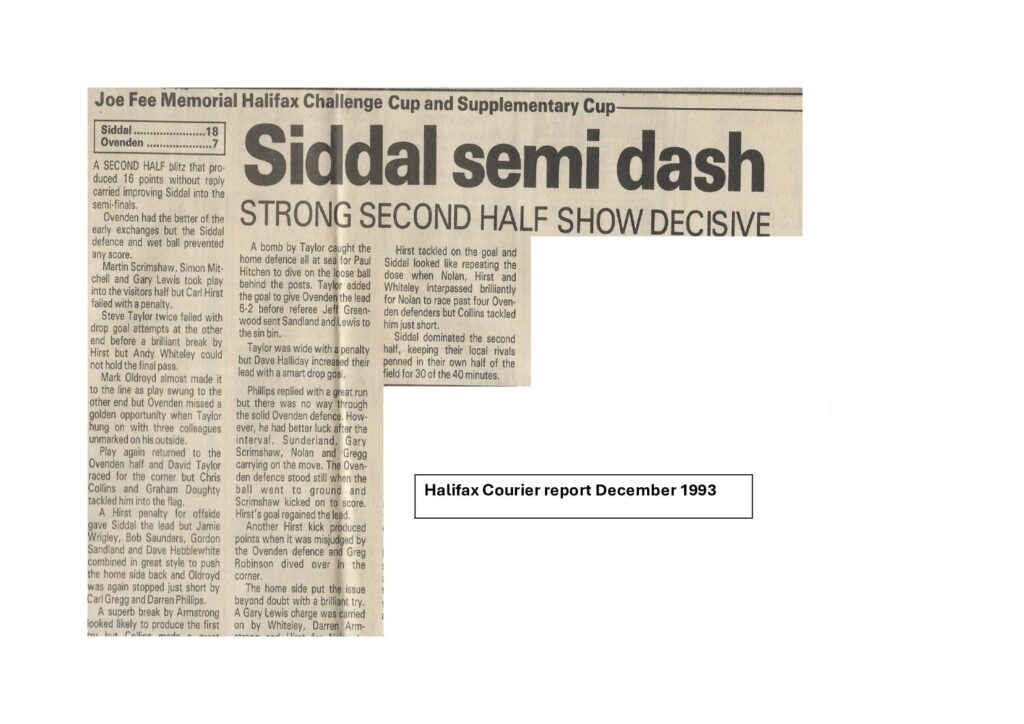 Siddal v Ovenden Halifax Cup match report December 1993