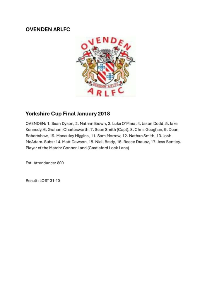 Yorkshire Cup Final January 2018 OVENDEN TEAM LIst