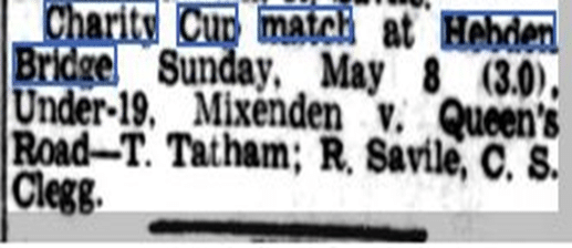 small black and white scan of a newspaper clipping which is about a charity cup match at Hebden Bridge 