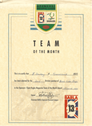 colour photo of a Team of the Month certificate for Prop, Jimmy Bailey, who had a great season and chosen in the NCL Division 2 Dream Team for March 1991.