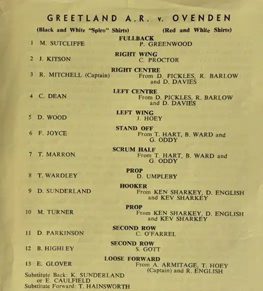 photo of Greetland v Ovenden list of players and positions, black text on a yellowing paper