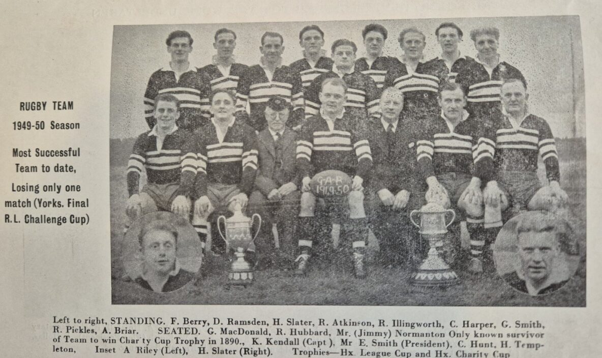 black and white newspaper cut-out of the 1949-50 season team, with names below a photo of the team in rows wearing their kits